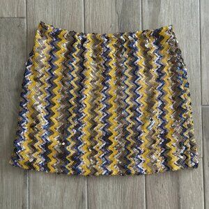Vintage Shasa Sequin Mini Skirt Women's Large Gold Blue Zig Zag Party Y2K USA